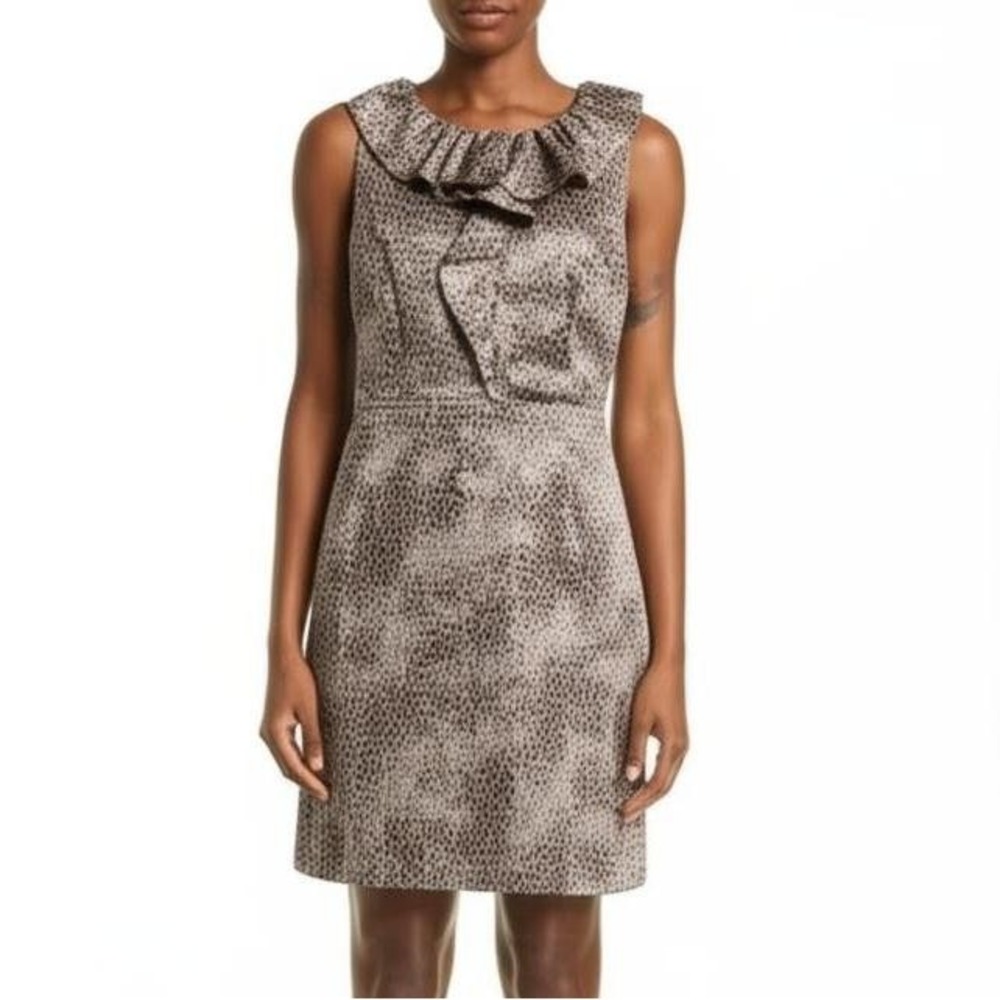 Ann Taylor LOFT Sheath Dress 4P Brown Pebble Abstract Ruffle Neck Sleeveless